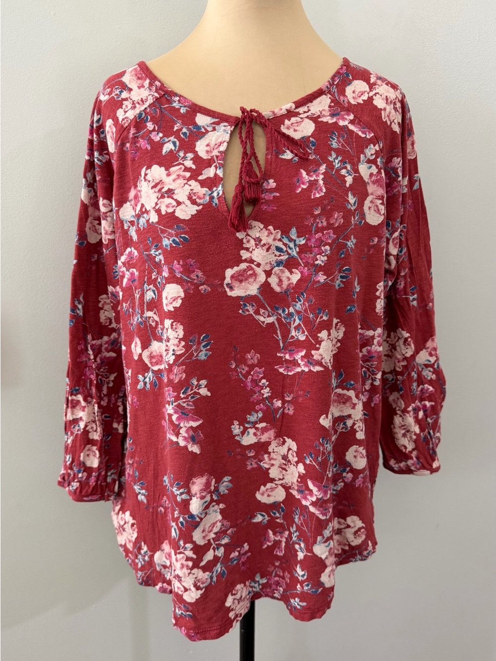 Lucky Brand Red Orange Floral Tie-Front 3/4 Sleeve Women's Shirt Top Blouse
